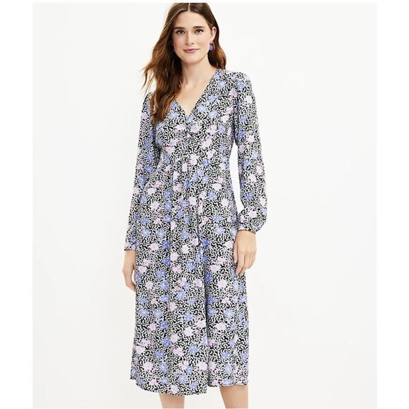 LOFT Dresses & Skirts - Loft Floral Print V Neck Ruched Midi Dress Size 2 Long Sleeve